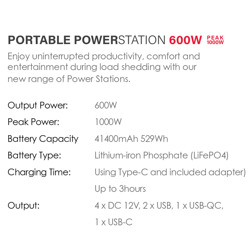 Eurolux H298 - LiFePO4 600W Fast Charging Portable Power Station