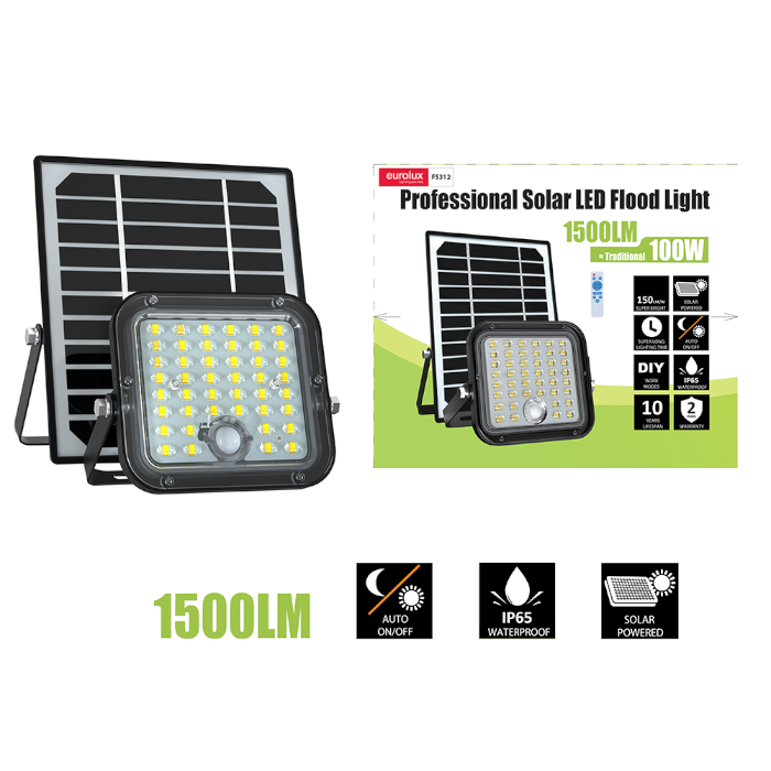 Eurolux FS312 Solar 10W LED 6000K Floodlight with Sensor - Black