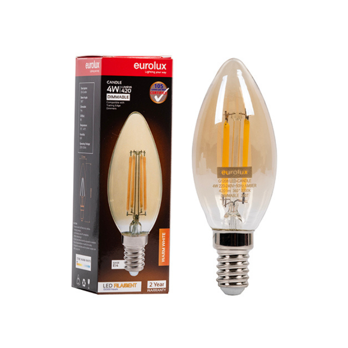 Eurolux G1208 Candle Filament Amber 4w LED E14 2700K Dimmable