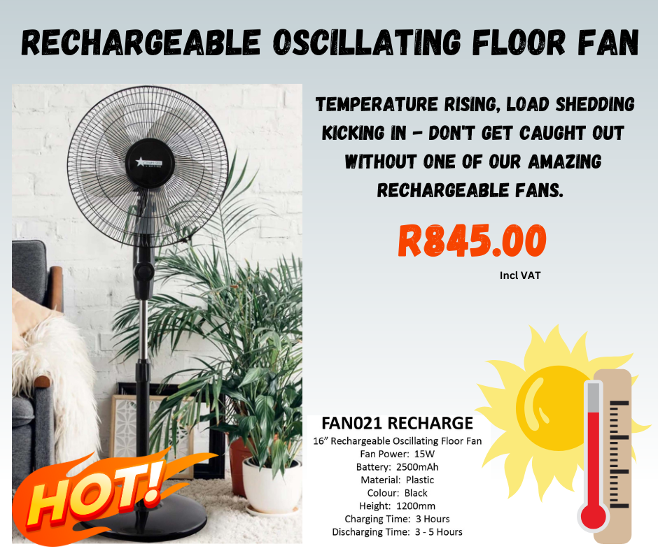 BrightStar FAN017 RECHARGE 16” Rechargeable Oscillating Floor Fan 3 Speed White