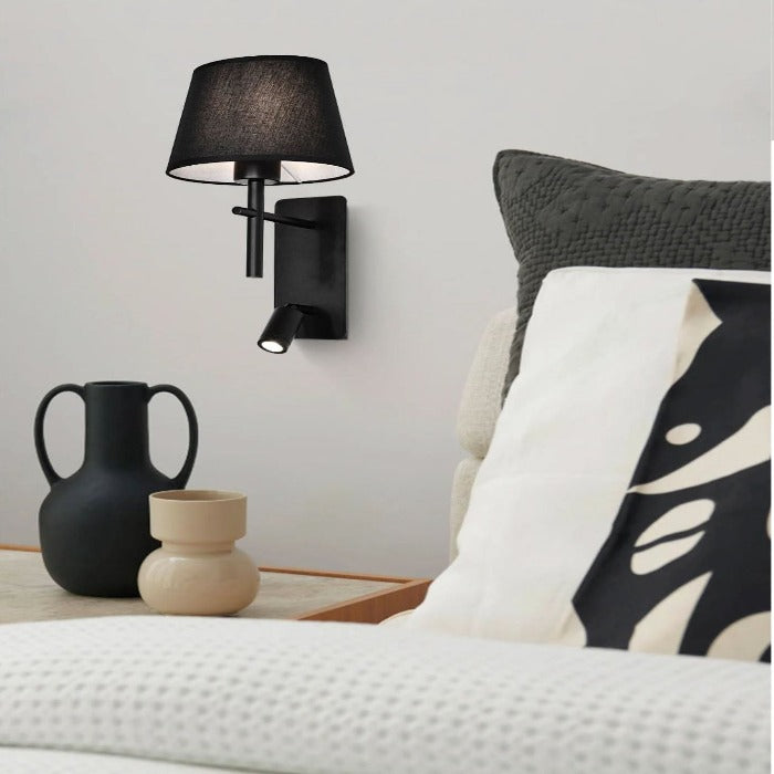 Bright Star WB278 BLACK Metal Wall Bracket with Black Fabric Shade and 2 Switches