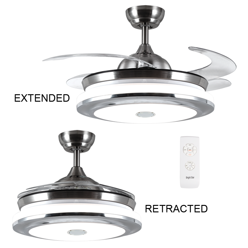 BrightStar FCF061 SATIN NICKEL Metal Ceiling Fan with 4 Retractable ABS Blades and Blue Tooth Speaker