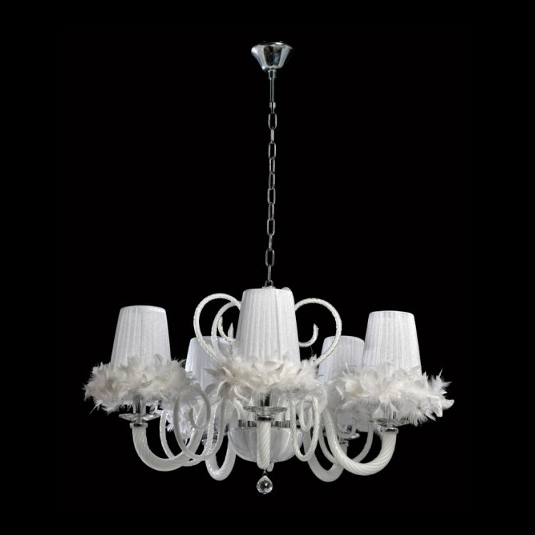 K-Light  U-KLCH-5757-5/WH  5 White Glass Arm Chandelier with Feather Trimmed Shades